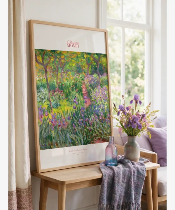 Claude Monet The Artist’s Garden in Giverny çiçekli bahçe ve irisler Empresyonist sanat posteri