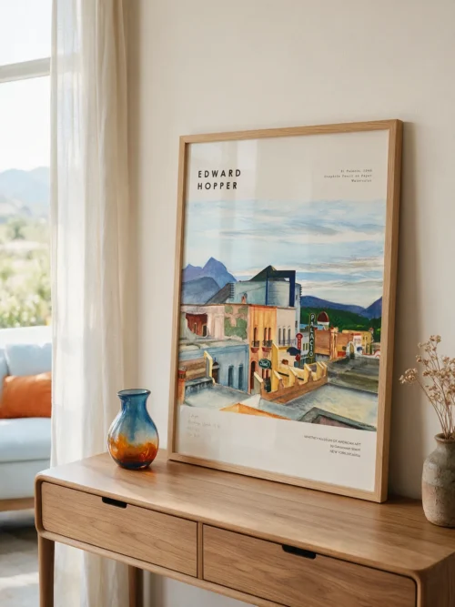 Edward Hopper El Palacio, Saltillo Meksika şehir manzarası, PALACIO tabelası, binalar ve dağlar sanat posteri