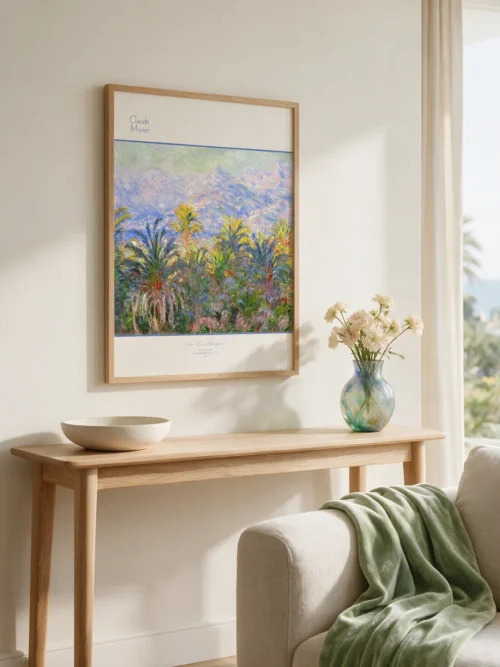 Claude Monet Palm Trees at Bordighera, palmiye ağaçları, dağlar ve Akdeniz ışığıyla İtalya Rivierası manzara posteri