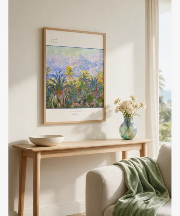 Claude Monet Palm Trees at Bordighera, palmiye ağaçları, dağlar ve Akdeniz ışığıyla İtalya Rivierası manzara posteri