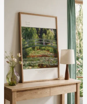 Claude Monet Japanese Footbridge, Giverny’de nilüferlerle kaplı gölet, Japon köprüsü, söğütler ve yoğun yeşillik manzara posteri
