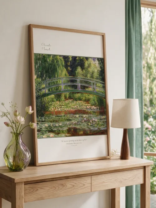 Claude Monet Japanese Footbridge, Giverny’de nilüferlerle kaplı gölet, Japon köprüsü, söğütler ve yoğun yeşillik manzara posteri