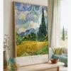 Vincent van Gogh's "Wheat Field with Cypresses," a landscape poster featuring a golden-yellow wheat field, dark cypress trees, and a wavy blue sky