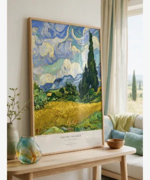 Framed Museum Art Prints—Van Gogh—Wheat Field with Cypresses Poster Vincent van Gogh's "Wheat Field with Cypresses," a landscape poster featuring a golden-yellow wheat field, dark cypress trees, and a wavy blue sky