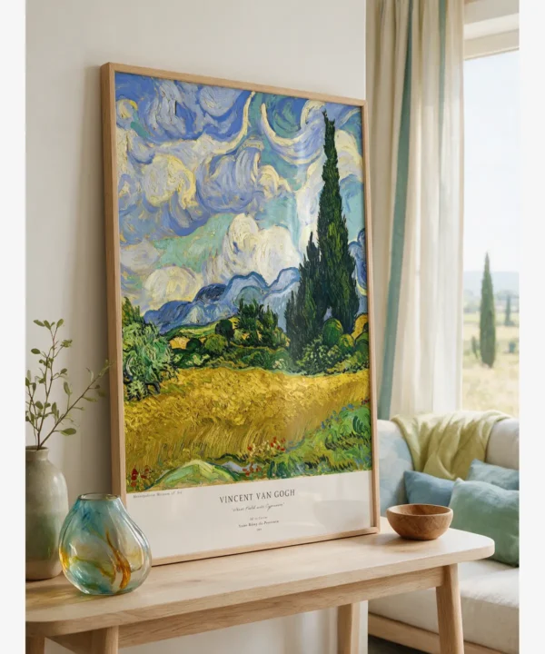 Vincent van Gogh's "Wheat Field with Cypresses," a landscape poster featuring a golden-yellow wheat field, dark cypress trees, and a wavy blue sky