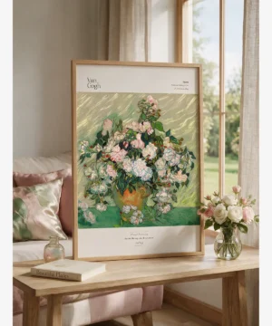 Vincent van Gogh Roses, açık yeşil fonda pembe-beyaz güllerle dolu vazoyu gösteren natürmort poster