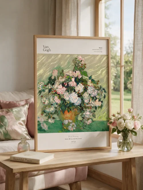 Vincent van Gogh Roses, a still life poster depicting a vase filled with pink and white roses against a light green background