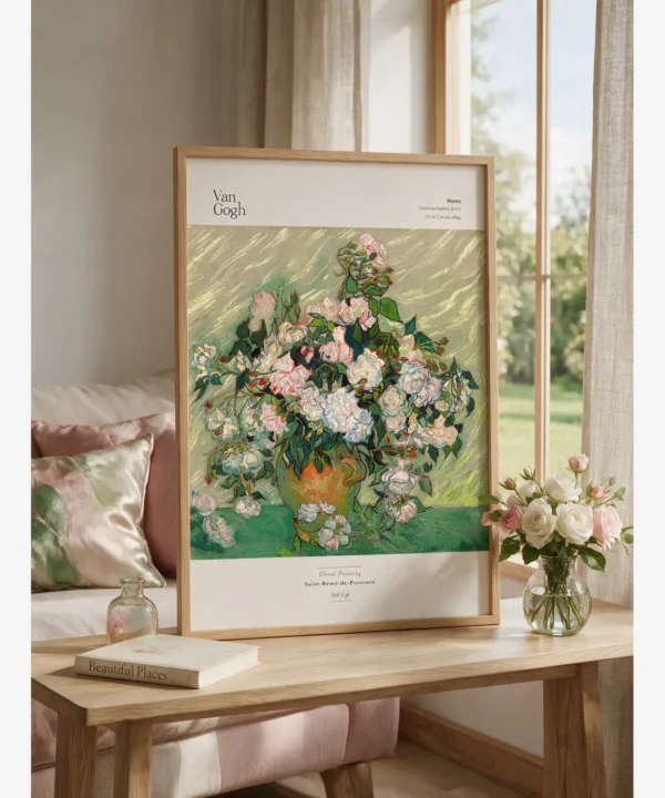 Vincent van Gogh Roses, açık yeşil fonda pembe-beyaz güllerle dolu vazoyu gösteren natürmort poster