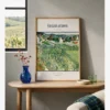 "Vincent van Gogh Vineyards at Auvers" poster featuring winding vineyards, red poppies, white houses, and the Auvers countryside