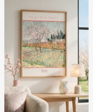 Home Decor Ideas—Van Gogh—Verger Aves Cypres Poster Vincent van Gogh's "Orchard with Cypresses," a poster of a Provençal garden featuring flowering fruit trees, yellow fences, and dark cypress trees