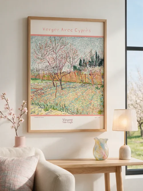 Vincent van Gogh's "Orchard with Cypresses," a poster of a Provençal garden featuring flowering fruit trees, yellow fences, and dark cypress trees