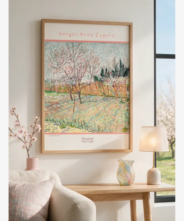 Vincent van Gogh's "Orchard with Cypresses," a poster of a Provençal garden featuring flowering fruit trees, yellow fences, and dark cypress trees