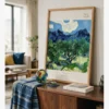 Modern Resimler Van Gogh-Olive Trees Poster Vincent van Gogh The Olive Trees, kıvrılan zeytin ağaçları, mavi dağlar ve hareketli gökyüzü manzara posteri