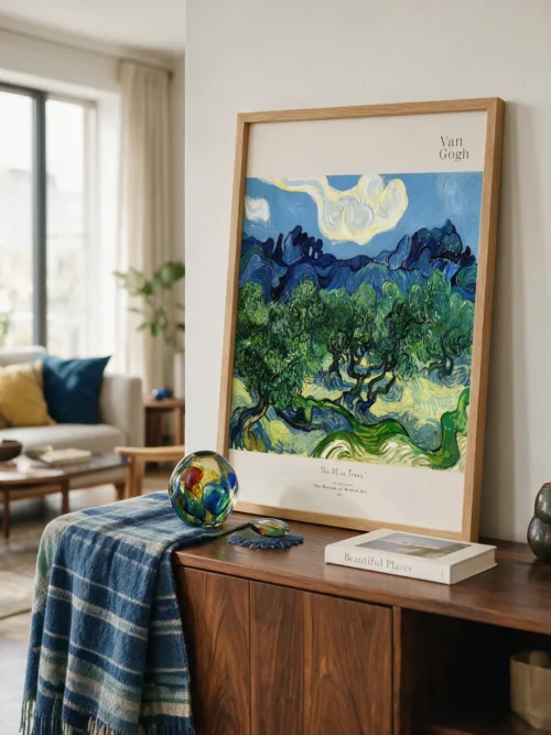 Vincent van Gogh's "The Olive Trees," a landscape poster featuring winding olive trees, blue mountains, and a dynamic sky