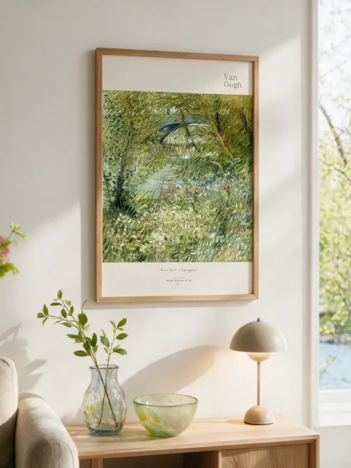 Vincent van Gogh's "River Bank in Springtime"—a poster featuring green plants, trees, and a spring landscape along the Seine