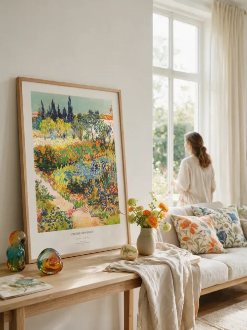 "Vincent van Gogh Garden at Arles," an oil painting poster featuring a garden in Arles filled with colorful flowers