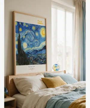 Vincent van Gogh's "The Starry Night": A poster featuring a swirling blue night sky, bright stars, a cypress tree, and a village landscape