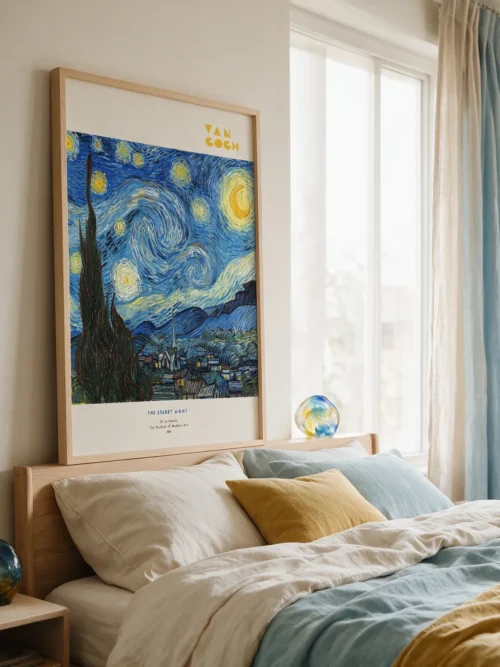 Vincent van Gogh's "The Starry Night": A poster featuring a swirling blue night sky, bright stars, a cypress tree, and a village landscape