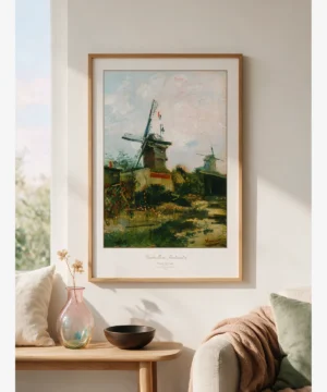 Vincent van Gogh, "Windmills on Montmartre": A poster featuring the historic windmills on Montmartre Hill, a garden, and an open sky