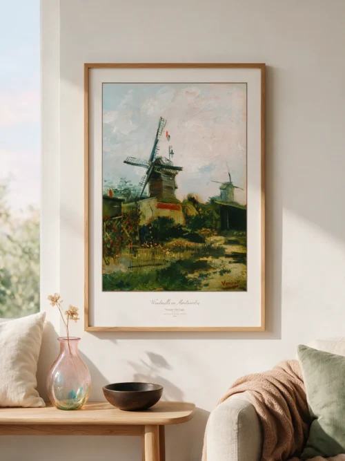 Vincent van Gogh, "Windmills on Montmartre": A poster featuring the historic windmills on Montmartre Hill, a garden, and an open sky