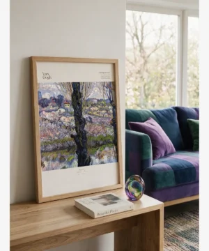 Wall Art - Van Gogh - Flowering Orchards Poster Vincent van Gogh's "Flowering Orchards, Arles" poster featuring blooming fruit trees, dark tree trunks, and a distant view of the city