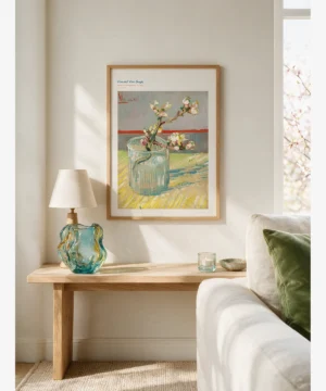 Vincent van Gogh Sprig of Flowering Almond in a Glass, cam bardakta beyaz badem çiçeği dalı natürmort posteri