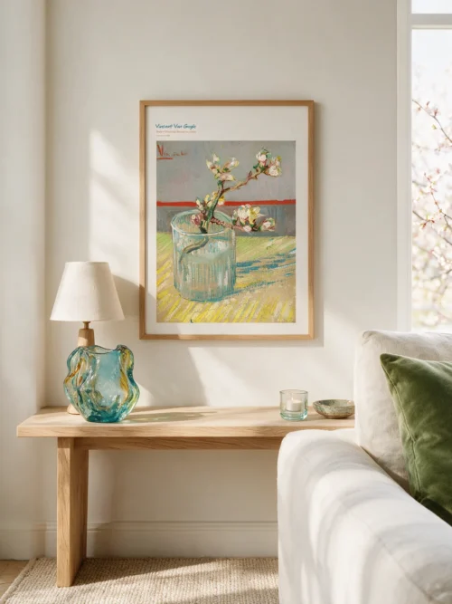 Vincent van Gogh, "Sprig of Flowering Almond in a Glass," still life poster featuring a sprig of white almond blossoms in a glass