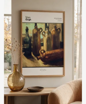 Vincent van Gogh, *Still Life with Five Bottles*, a still life poster featuring five bottles in shades of brown and black