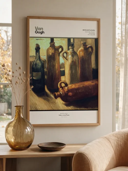Vincent van Gogh, *Still Life with Five Bottles*, a still life poster featuring five bottles in shades of brown and black