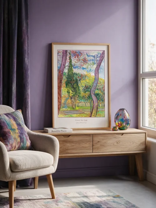 Vincent van Gogh Hospital Park: A landscape poster featuring cypress trees and autumn leaves in the garden of Saint-Paul Hospital