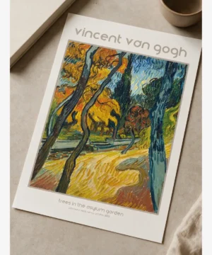 Vincent van Gogh Trees in the Asylum Garden, sarı sonbahar yaprakları, koyu ağaç gövdeleri ve Saint-Rémy hastane bahçesi manzara posteri