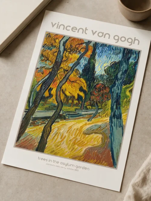 Vincent van Gogh, "Trees in the Asylum Garden," a landscape poster featuring yellow autumn leaves, dark tree trunks, and the garden of the Saint-Rémy hospital