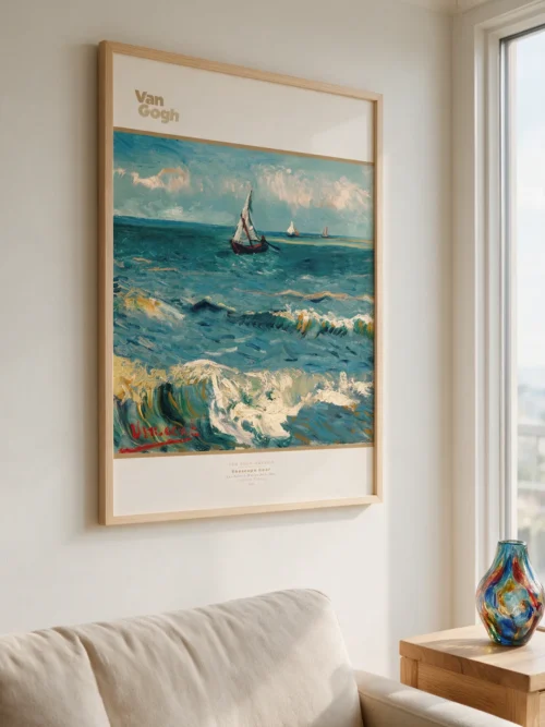 Vincent van Gogh, "Seascape near Les Saintes-Maries-de-la-Mer," a poster depicting a seascape with the choppy Mediterranean Sea, a fishing boat, and sailboats