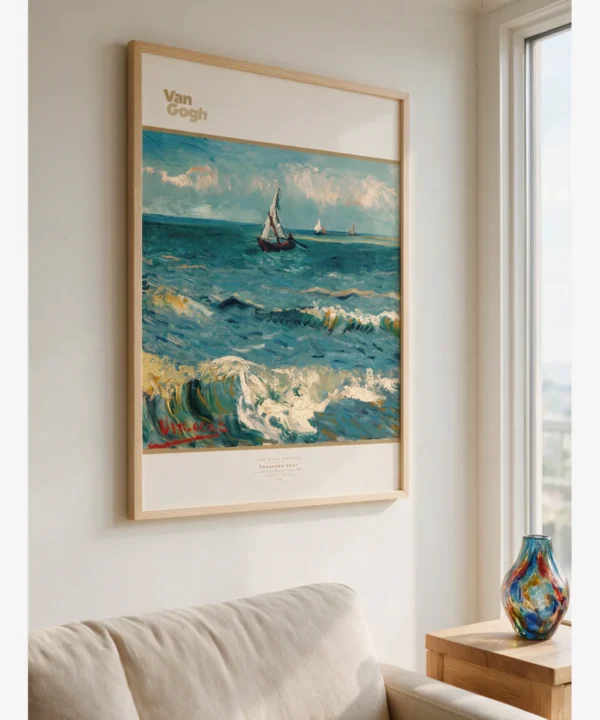 Vincent van Gogh, "Seascape near Les Saintes-Maries-de-la-Mer," a poster depicting a seascape with the choppy Mediterranean Sea, a fishing boat, and sailboats