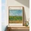 Vincent van Gogh, "Wheatfield with Partridge": A landscape poster depicting a green-and-yellow wheat field under a blue sky with a partridge taking flight