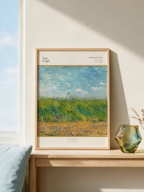 Vincent van Gogh, "Wheatfield with Partridge": A landscape poster depicting a green-and-yellow wheat field under a blue sky with a partridge taking flight