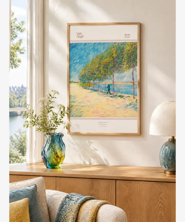 Vincent van Gogh By the Seine, Seine Nehri kıyısında ağaçlar ve yürüyen figür manzara posteri