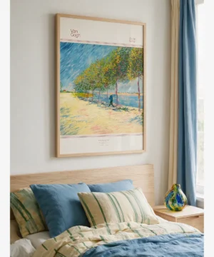 Vincent van Gogh By the Seine, Seine Nehri kıyısında ağaçlar ve yürüyen figür manzara posteri