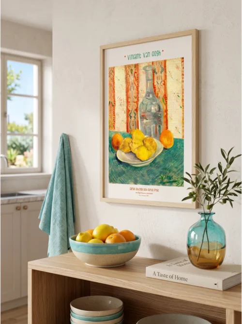 Vincent van Gogh's "Carafe and Dish with Citrus Fruit," a still life poster featuring citrus fruits and a glass carafe