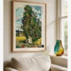 Vincent van Gogh Cypresses and Two Women, iki kadın figürü ve yükselen servi ağaçları manzara posteri