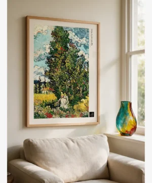 Vincent van Gogh Cypresses and Two Women, iki kadın figürü ve yükselen servi ağaçları manzara posteri