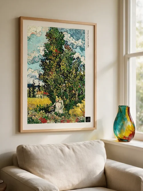 Vincent van Gogh, *Cypresses and Two Women*: A landscape poster featuring two female figures and towering cypress trees