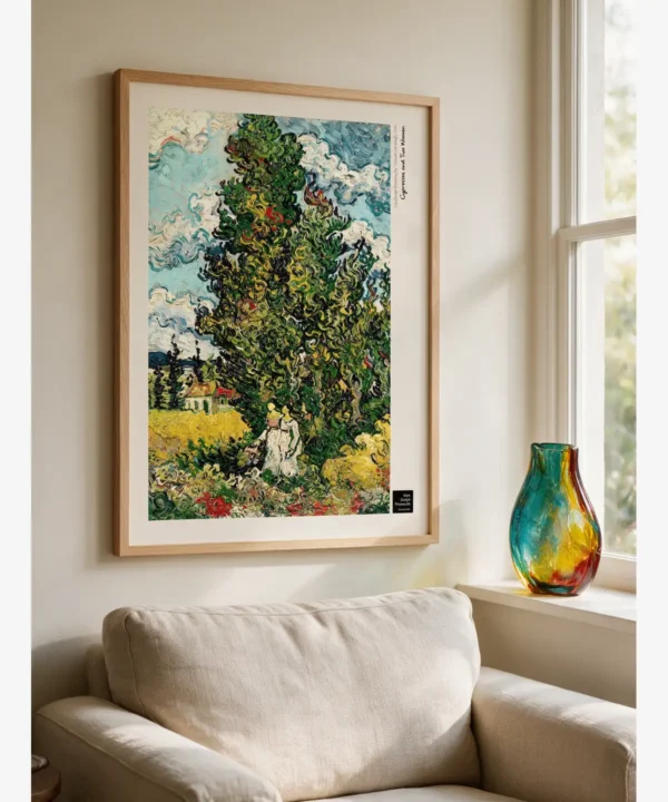 Vincent van Gogh Cypresses and Two Women, iki kadın figürü ve yükselen servi ağaçları manzara posteri