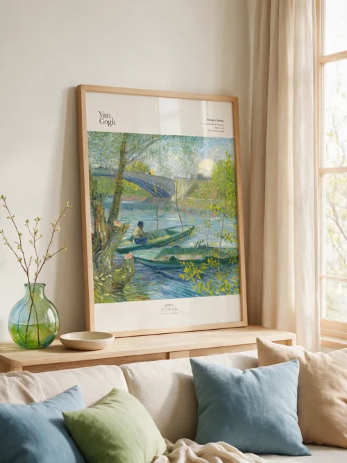 Vincent van Gogh's "Fishing in Spring"—an art poster featuring boats, fishermen, the Pont de Clichy, and a spring landscape