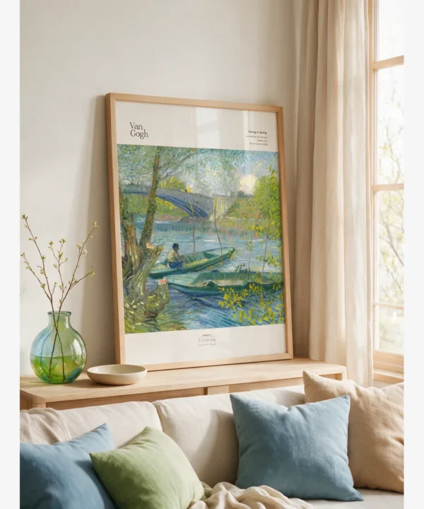 Vincent van Gogh's "Fishing in Spring"—an art poster featuring boats, fishermen, the Pont de Clichy, and a spring landscape