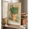 Vincent van Gogh Flowerpot with Garlic Chives, saksıda yeşil sarımsak otu ve desenli arka plan natürmort posteri Görsel Altyazısı