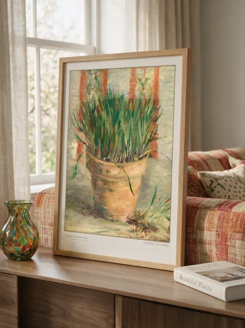 Vincent van Gogh's "Flowerpot with Garlic Chives," a still life poster featuring garlic chives in a pot against a patterned background. Image Caption