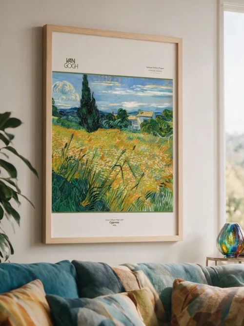 A poster featuring Vincent van Gogh’s painting *Green Wheat Field with Cypress*; it depicts a yellow-green wheat field, a single cypress tree, a blue sky, and white houses in the distance.