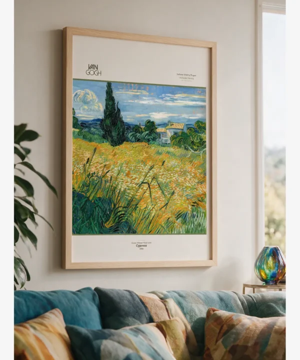 Van Gogh-Green Wheat Field with Cypress Müze Poster Vincent van Gogh’un Green Wheat Field with Cypress eserini gösteren poster; sarı-yeşil buğday tarlası, tek bir selvi ağacı, mavi gökyüzü ve uzakta beyaz evler yer alır.