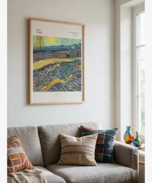 Vincent van Gogh Laboureur dans un Champ, güneş altında atla tarla süren çiftçi ve Saint-Rémy kır manzarası posteri
